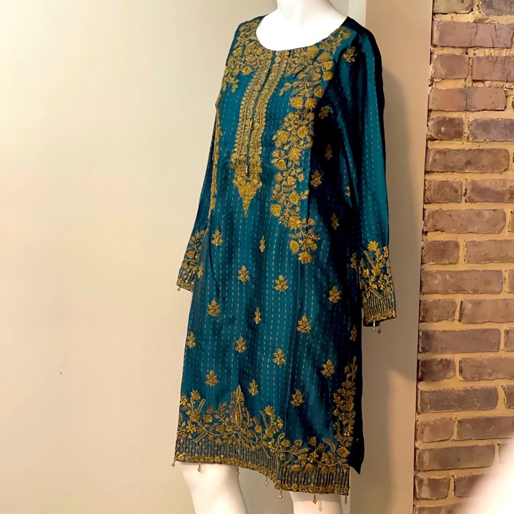 Salwar Kameez Teal Dress with Gold Embroidery